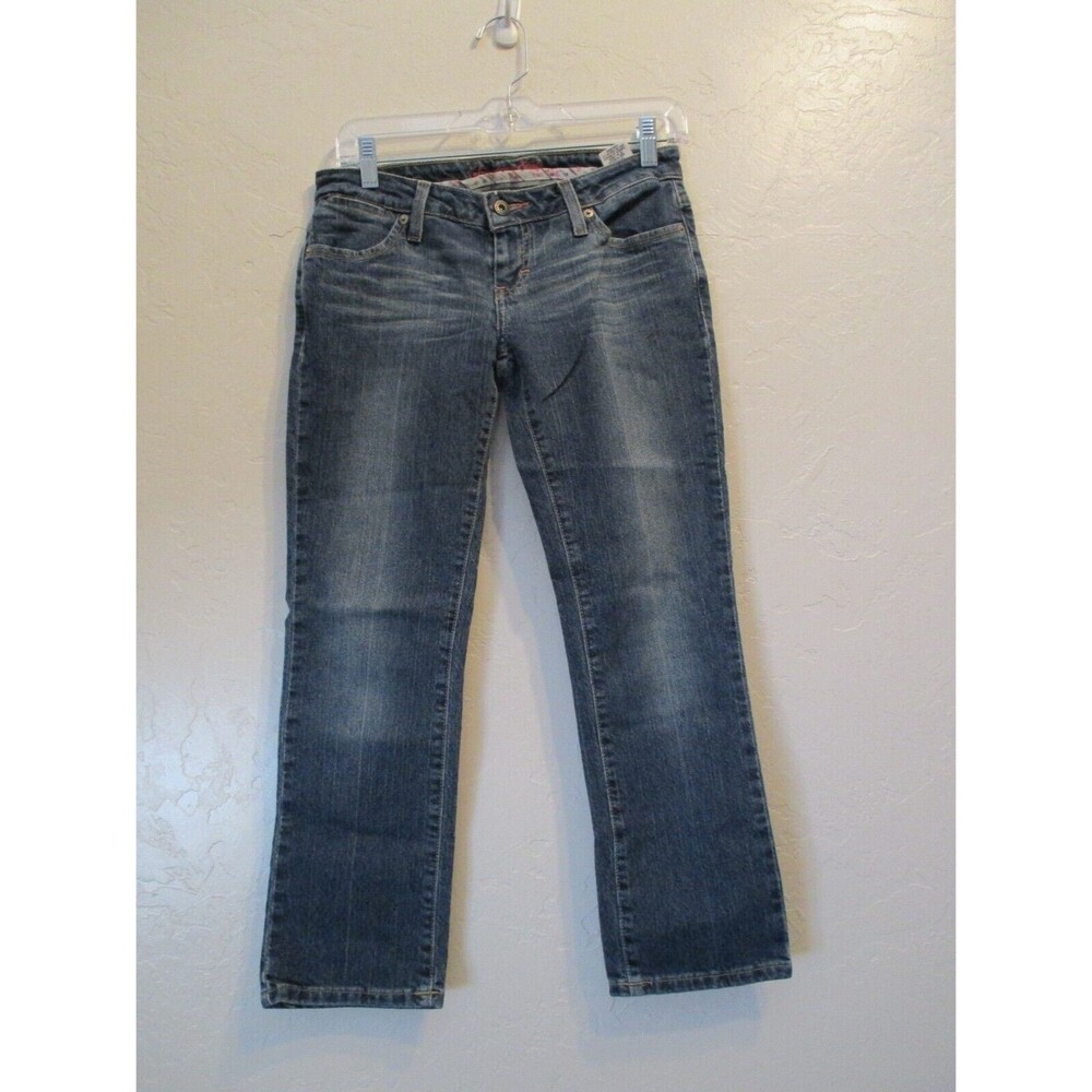 AE Womens Sz 2 Limited Blue Issue Cropped Denim Jeans Pink Pockets Y2K Casual